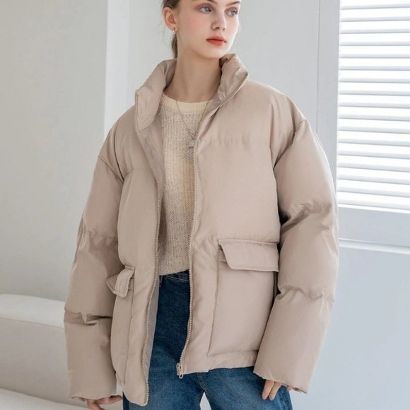 beige Zip up Drawstring Hem Flap Pocket Puffer Coat Comfy fall winter - Picture 5 of 8